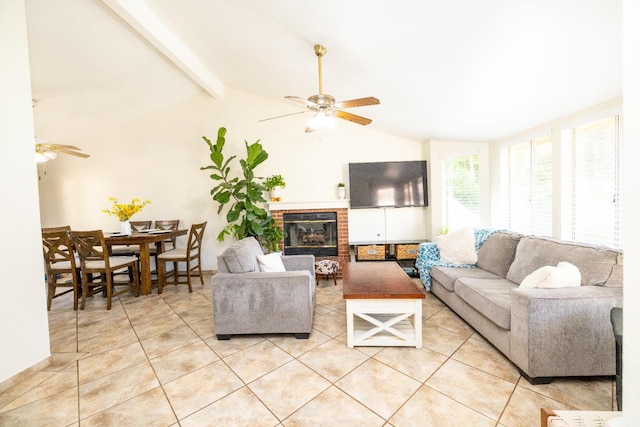 5263 W Griffith Way, Fresno, CA 93722 - living room with ceiling fan, light tile patterned flooring, and a brick fireplace