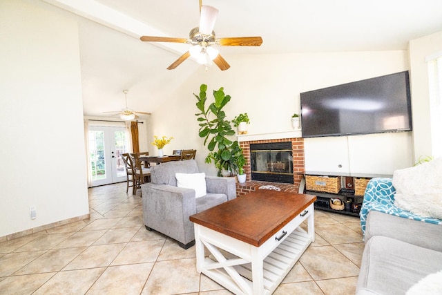 5263 W Griffith Way, Fresno, CA 93722 - living area with light tile patterned flooring, ceiling fan, a brick fireplace, french doors, and high vaulted ceiling