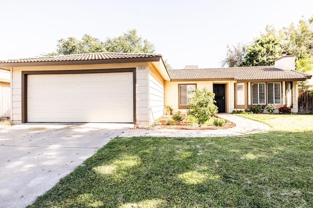 5263 W Griffith Way, Fresno, CA 93722 - single story home with a chimney, a tile roof, concrete driveway, a front lawn, and a garage