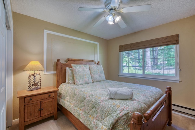 42055 Saddleback Rd, Shaver Lake, CA 93664 - bedroom featuring a baseboard heating unit, light colored carpet, a textured ceiling, and ceiling fan