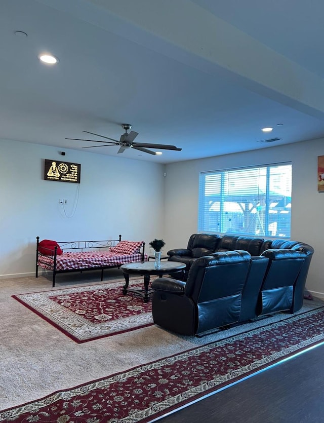 4542 N Casey Ave, Fresno, CA 93723 - living room featuring a ceiling fan, recessed lighting, and carpet flooring