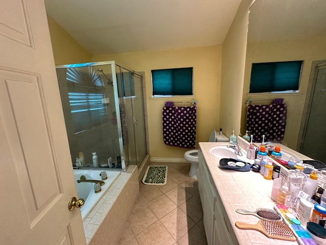 2526 Gibson Ave, Clovis, CA 93611 - bathroom with tile patterned flooring, a stall shower, a relaxing tiled tub, and double vanity