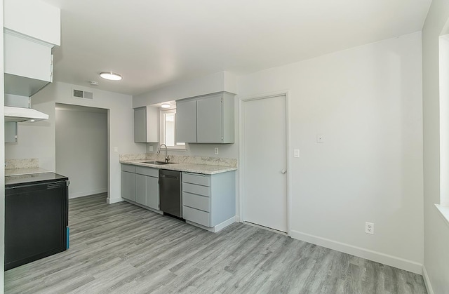 6683 N Spalding Ave, Fresno, CA 93710 - kitchen featuring dishwasher, gray cabinetry, light wood finished floors, and ventilation hood