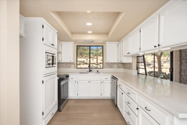 42617 John Muir Dr, Coarsegold, CA 93614 - kitchen with a peninsula, appliances with stainless steel finishes, a raised ceiling, white cabinetry, and light countertops
