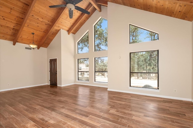 42617 John Muir Dr, Coarsegold, CA 93614 - unfurnished living room with high vaulted ceiling, wood finished floors, a ceiling fan, healthy amount of natural light, and a wooden ceiling with exposed beams