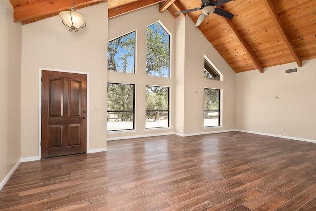 42617 John Muir Dr, Coarsegold, CA 93614 - unfurnished living room featuring high vaulted ceiling, ceiling fan, wood finished floors, plenty of natural light, and a wood ceiling with exposed beams
