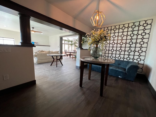 345 N Van Ness Ave, Fresno, CA 93701 - dining room with a chandelier, dark wood finished floors, and decorative columns