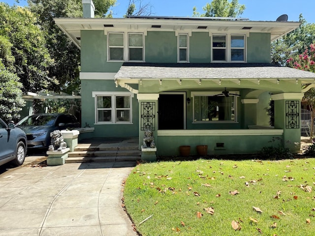 3728 E Huntington Blvd, Fresno, CA 93702 - traditional style home featuring stucco siding, a front yard, covered porch, and a ceiling fan