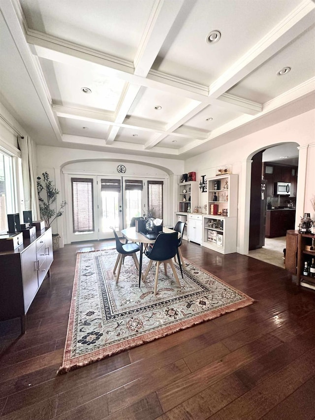 3728 E Huntington Blvd, Fresno, CA 93702 - dining space featuring arched walkways, coffered ceiling, beamed ceiling, wood-type flooring, and recessed lighting