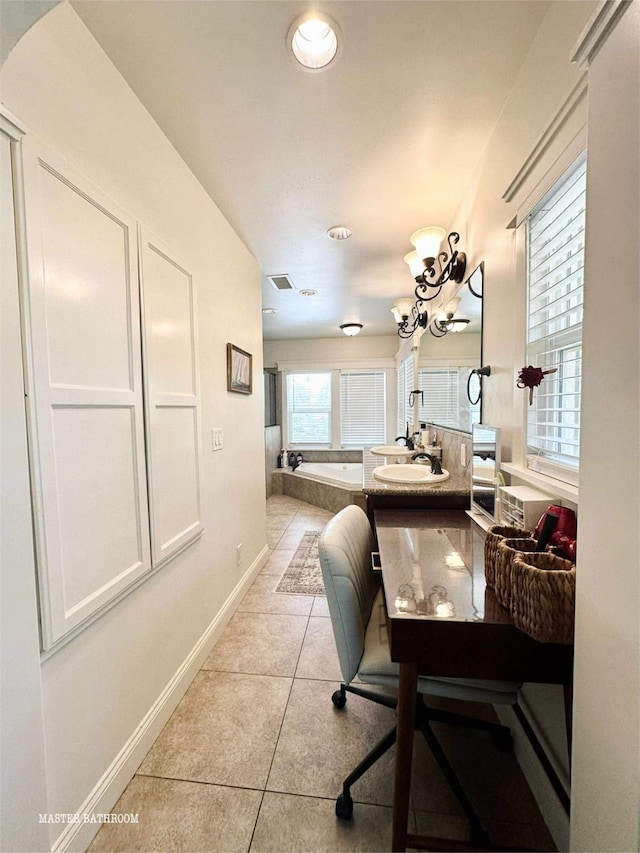 3728 E Huntington Blvd, Fresno, CA 93702 - full bath with a garden tub, tile patterned flooring, a chandelier, vanity, and recessed lighting