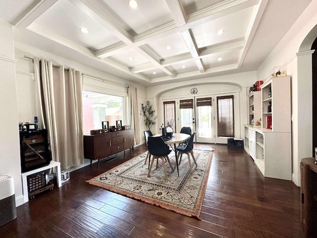 3728 E Huntington Blvd, Fresno, CA 93702 - dining room featuring plenty of natural light, coffered ceiling, french doors, beam ceiling, and hardwood / wood-style floors