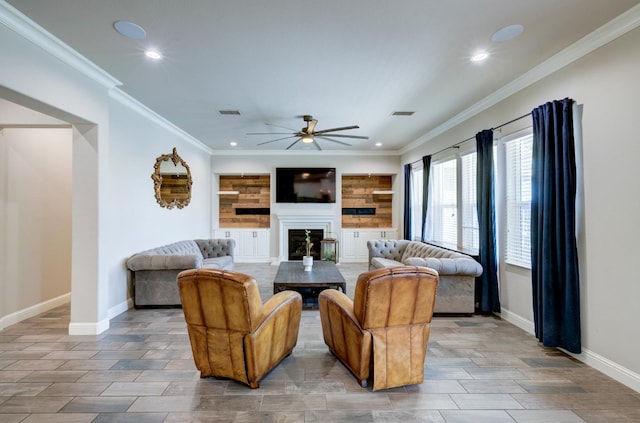3211 Salem Ave, Clovis, CA 93619 - living room featuring recessed lighting, a ceiling fan, a glass covered fireplace, crown molding, and wood finished floors