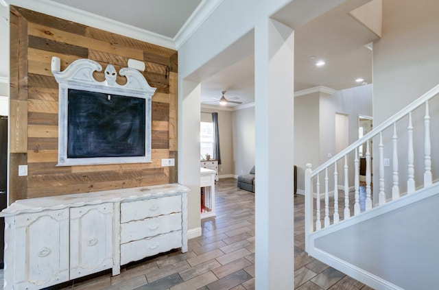 3211 Salem Ave, Clovis, CA 93619 - entryway with crown molding, a ceiling fan, and stairway