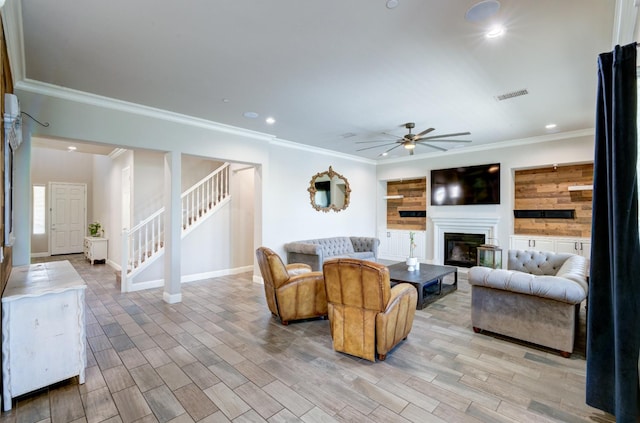 3211 Salem Ave, Clovis, CA 93619 - living area with stairway, ceiling fan, ornamental molding, light wood-style floors, and recessed lighting