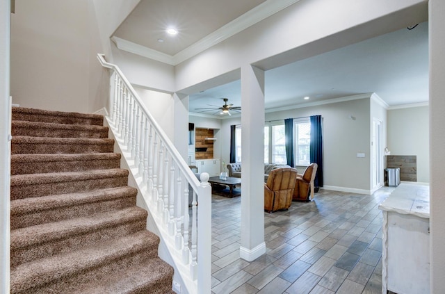 3211 Salem Ave, Clovis, CA 93619 - stairway with a ceiling fan, ornamental molding, wood finish floors, and recessed lighting