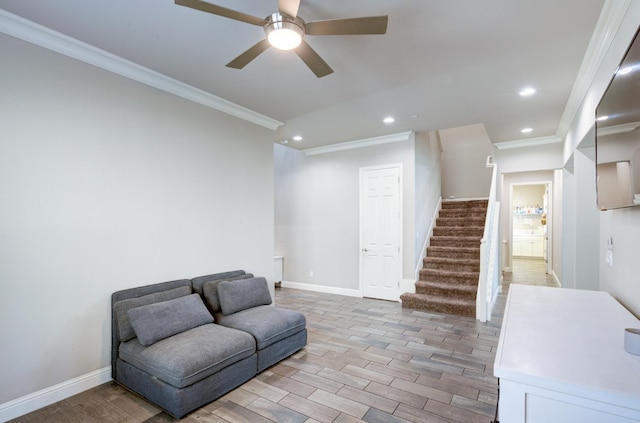 3211 Salem Ave, Clovis, CA 93619 - sitting room featuring light wood finished floors, stairway, crown molding, recessed lighting, and a ceiling fan