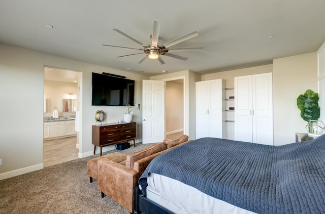 3211 Salem Ave, Clovis, CA 93619 - bedroom featuring light colored carpet, a ceiling fan, and ensuite bath