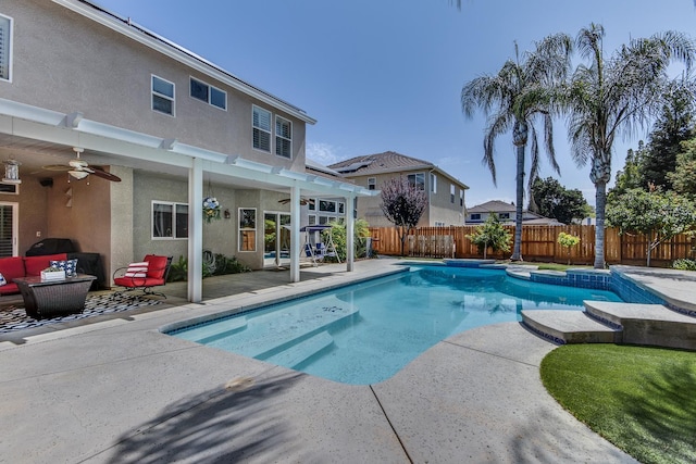 1966 Decatur Ave, Clovis, CA 93611 - view of swimming pool featuring a fenced backyard, a patio, and ceiling fan