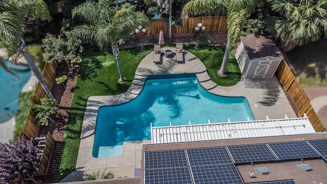 1966 Decatur Ave, Clovis, CA 93611 - view of pool with a patio, a fenced backyard, and a shed