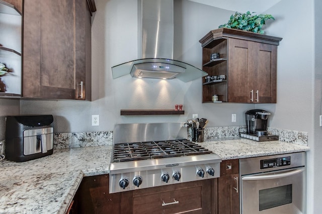 1966 Decatur Ave, Clovis, CA 93611 - kitchen with island exhaust hood, appliances with stainless steel finishes, open shelves, and dark brown cabinets