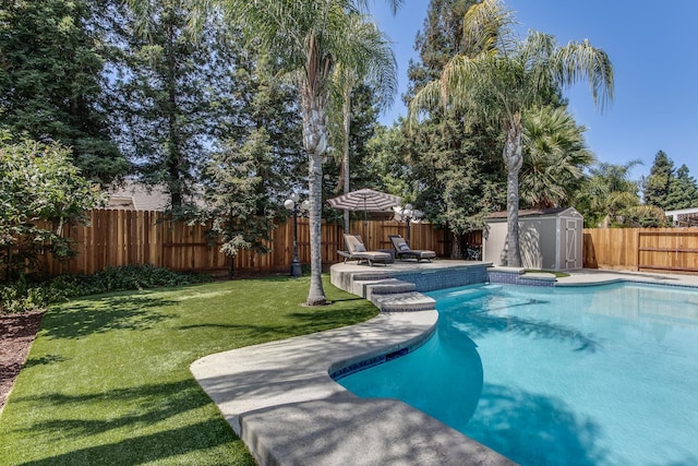 1966 Decatur Ave, Clovis, CA 93611 - view of pool with a shed, a fenced backyard, and a patio area