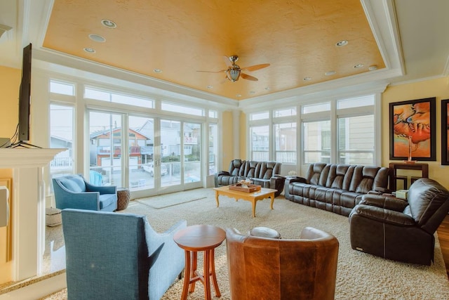 325 Juanita Ave, Oceano, CA 93445 - carpeted living room featuring a tray ceiling, ceiling fan, ornamental molding, and recessed lighting