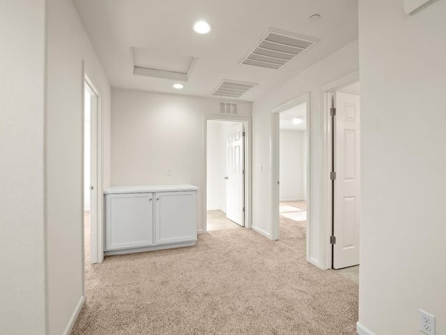 3433 Descanso Ave, Clovis, CA 93619 - hall featuring light colored carpet, attic access, and recessed lighting