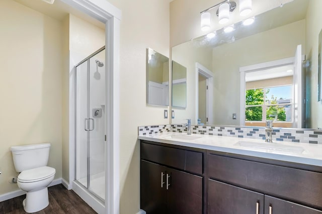 434 Blythewood Pl, Santa Rosa, CA 95407 - full bath featuring wood finished floors, double vanity, backsplash, and a stall shower
