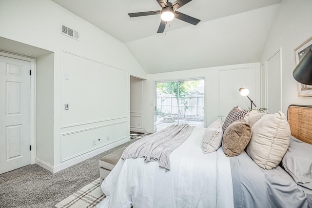 9224 N Stoneridge Ln, Fresno, CA 93720 - carpeted bedroom with lofted ceiling, access to exterior, and a ceiling fan