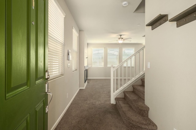 3482 Elevations Way, Clovis, CA 93619 - foyer featuring carpet, stairs, and a ceiling fan