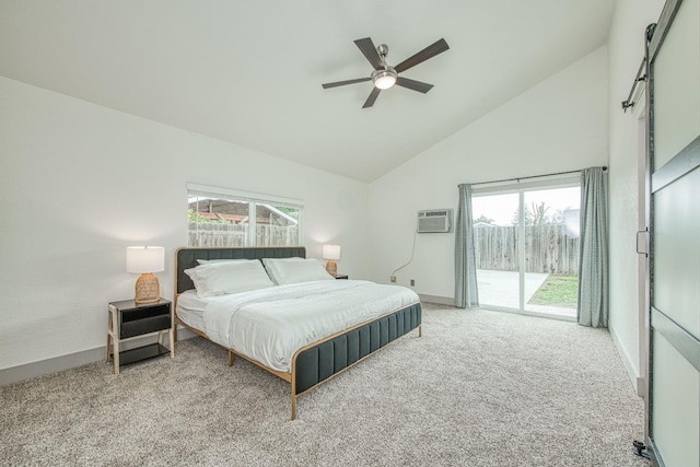 254 W Sierra Ave, Clovis, CA 93612 - bedroom featuring access to exterior, high vaulted ceiling, multiple windows, light carpet, and a wall mounted AC