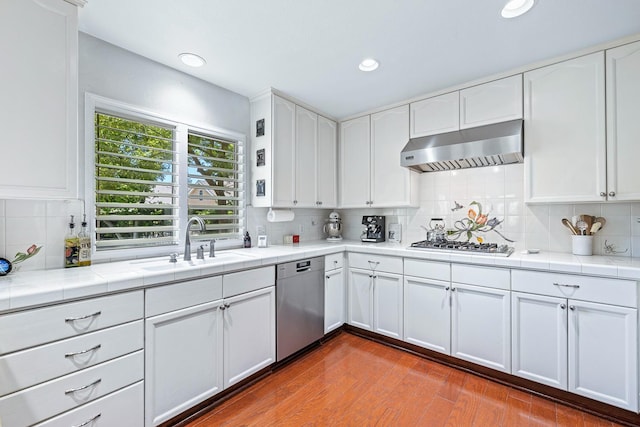 3075 W Silverhill Ln, Fresno, CA 93711 - kitchen featuring stainless steel appliances, exhaust hood, tasteful backsplash, white cabinets, and recessed lighting