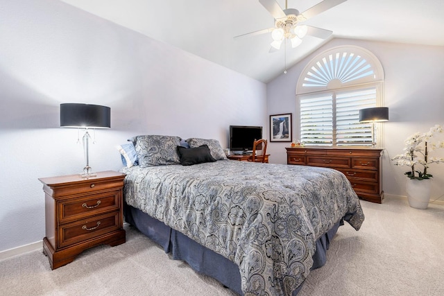 3075 W Silverhill Ln, Fresno, CA 93711 - bedroom with light carpet, lofted ceiling, and a ceiling fan