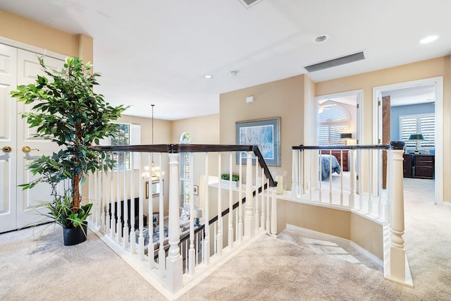 3075 W Silverhill Ln, Fresno, CA 93711 - hallway with an upstairs landing, carpet, plenty of natural light, and recessed lighting
