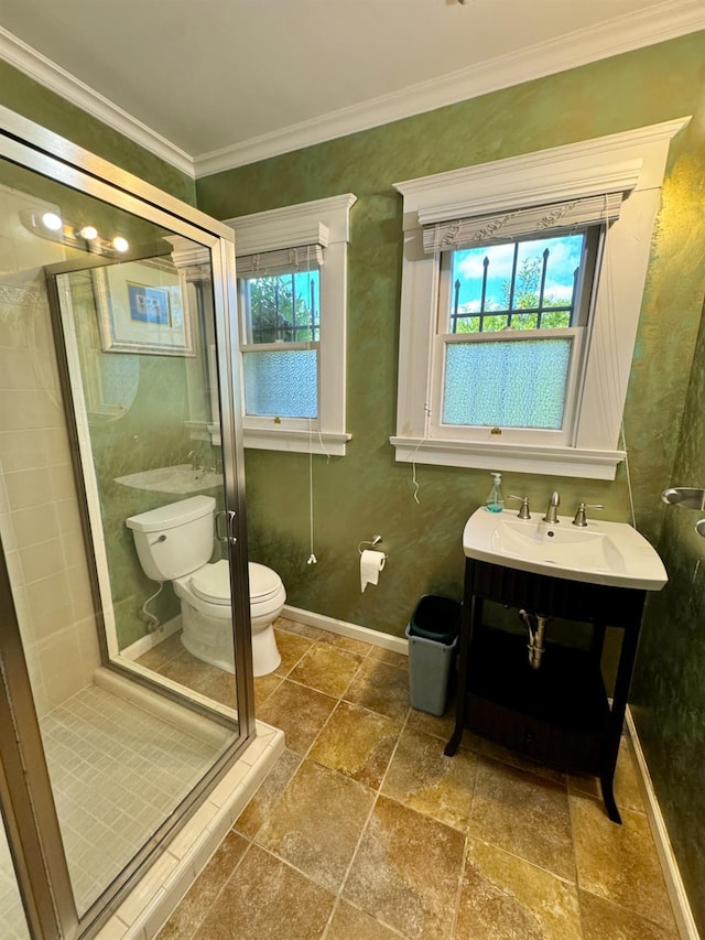 807 N Van Ness Ave, Fresno, CA 93728 - full bathroom with a stall shower, stone tile floors, vanity, and ornamental molding