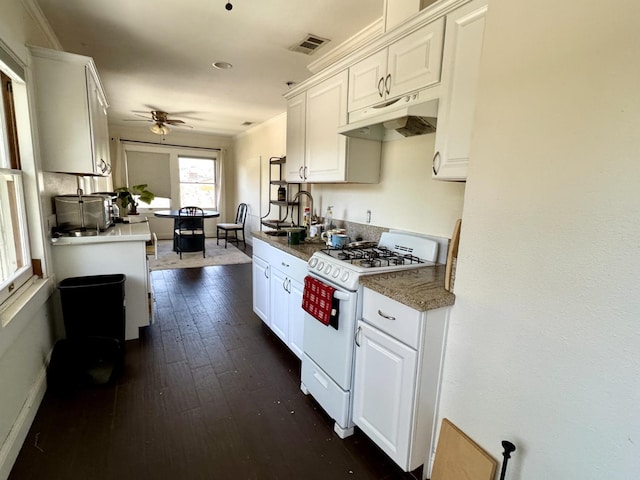 807 N Van Ness Ave, Fresno, CA 93728 - kitchen with white gas range, under cabinet range hood, white cabinets, a ceiling fan, and dark wood-style floors