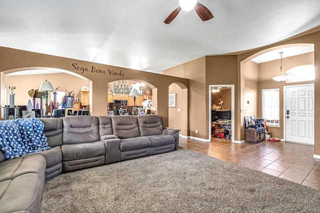 3742 Via Capitola, Madera, CA 93637 - living room featuring arched walkways, ceiling fan, and tile patterned flooring