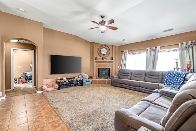 3742 Via Capitola, Madera, CA 93637 - living area with ceiling fan, arched walkways, vaulted ceiling, tile patterned floors, and carpet