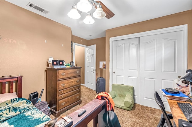 3742 Via Capitola, Madera, CA 93637 - bedroom featuring light colored carpet, a closet, a desk, a chandelier, and a ceiling fan