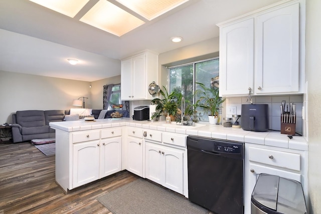 9544 N Whitehouse Dr, Fresno, CA 93720 - kitchen with dishwasher, open floor plan, tile counters, a peninsula, and dark wood-type flooring