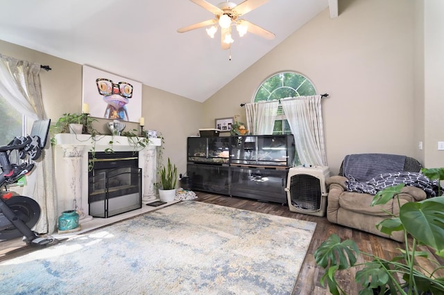 9544 N Whitehouse Dr, Fresno, CA 93720 - living area with wood finished floors, ceiling fan, a fireplace, and high vaulted ceiling