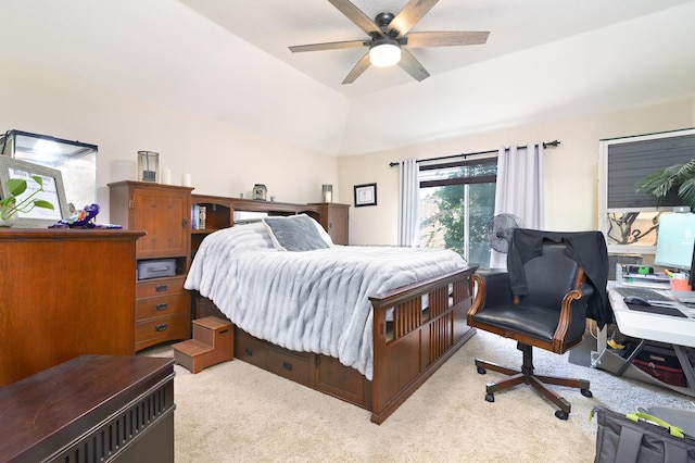 9544 N Whitehouse Dr, Fresno, CA 93720 - bedroom featuring carpet flooring, lofted ceiling, an office area, and a ceiling fan