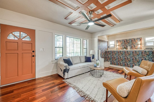 730 E Yale Ave, Fresno, CA 93704 - living area featuring hardwood / wood-style flooring, healthy amount of natural light, ceiling fan, and coffered ceiling