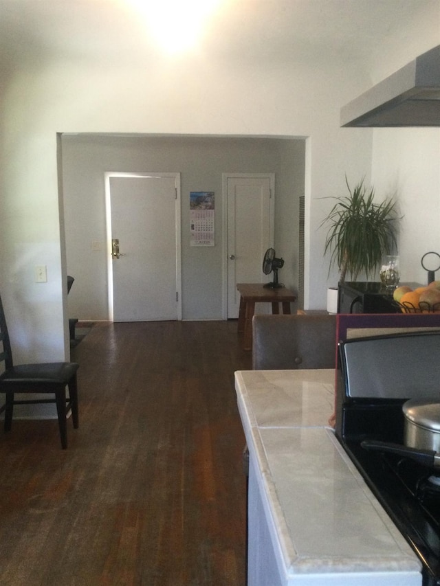 411 E Fountain Way, Fresno, CA 93704 - kitchen with dark wood-type flooring and tile counters