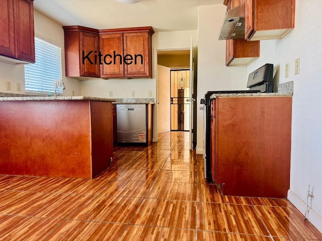 3646 E Dayton Ave, Fresno, CA 93726 - kitchen with dishwasher, exhaust hood, electric range, wood finished floors, and light stone counters