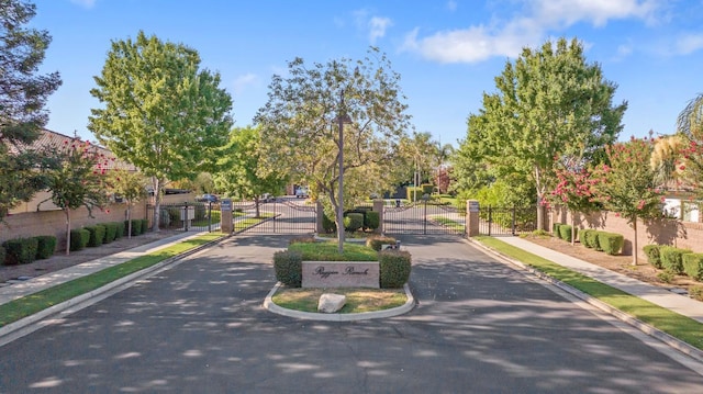 4638 W Lark Ct, Visalia, CA 93291 - view of asphalt road featuring a gate, curbs, sidewalks, and a gated entry
