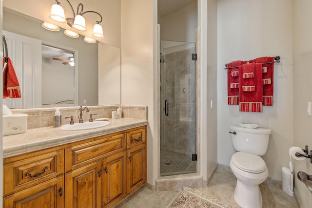 4638 W Lark Ct, Visalia, CA 93291 - full bathroom with vanity, a stall shower, a ceiling fan, and tile patterned flooring