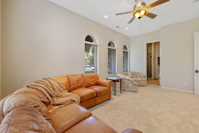 4638 W Lark Ct, Visalia, CA 93291 - living room with a ceiling fan, light carpet, and recessed lighting