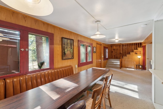 83634 Presidents Ln, Wilsonia, CA 93633 - dining room with stairway, wooden walls, and carpet floors