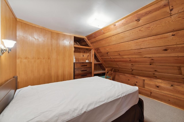 83634 Presidents Ln, Wilsonia, CA 93633 - bedroom with lofted ceiling, carpet, and wooden walls